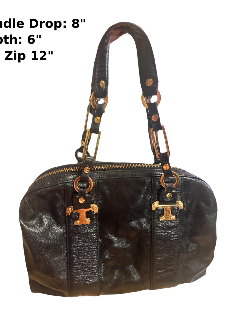 Tory Burch Black Glazed leather T Logo Satchel Sholder bag Gold Hardware.